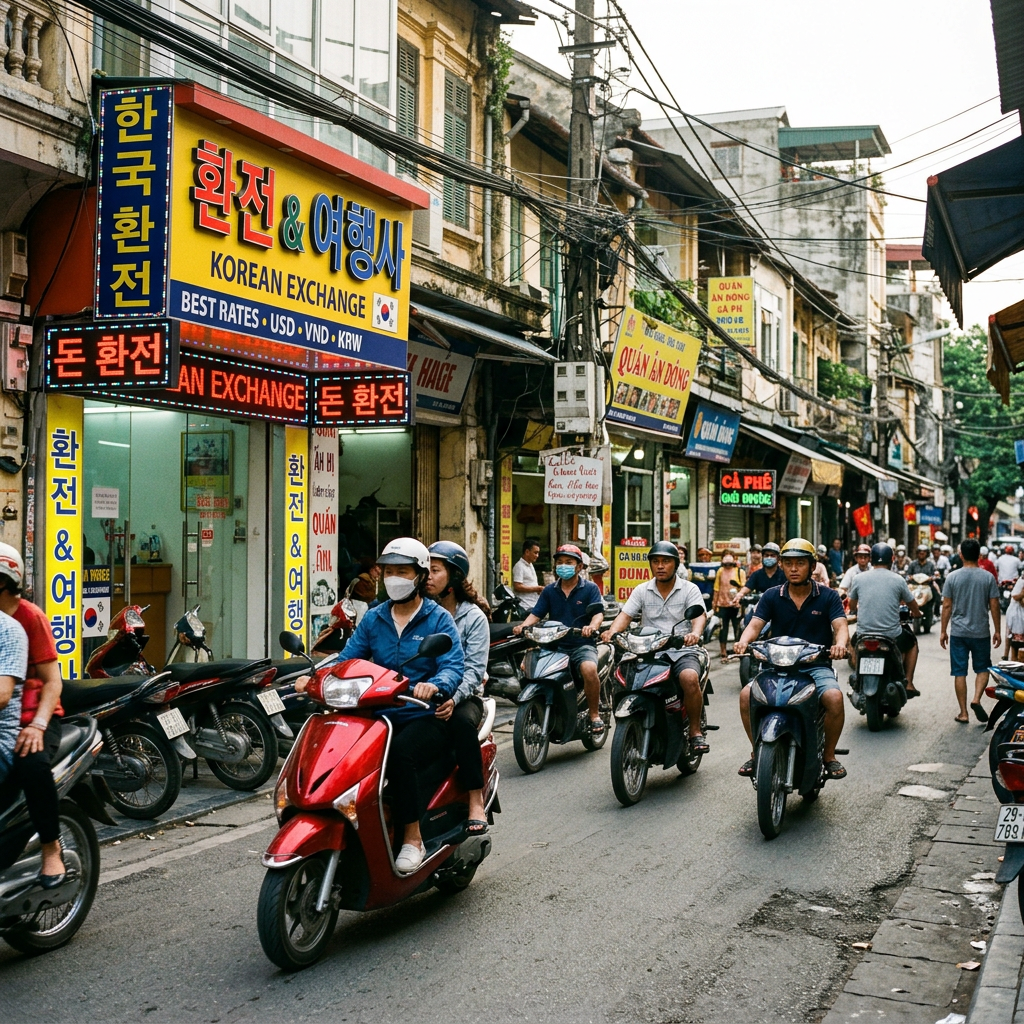 Busy urban street with many people riding motorbikes past a Korean exchange shop and other storefronts